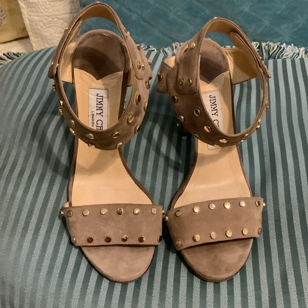 Jimmy Choo Sandals Ankle Strap Heel Studs Suede Beige EU37 1/2/US6 1/2 Authentic